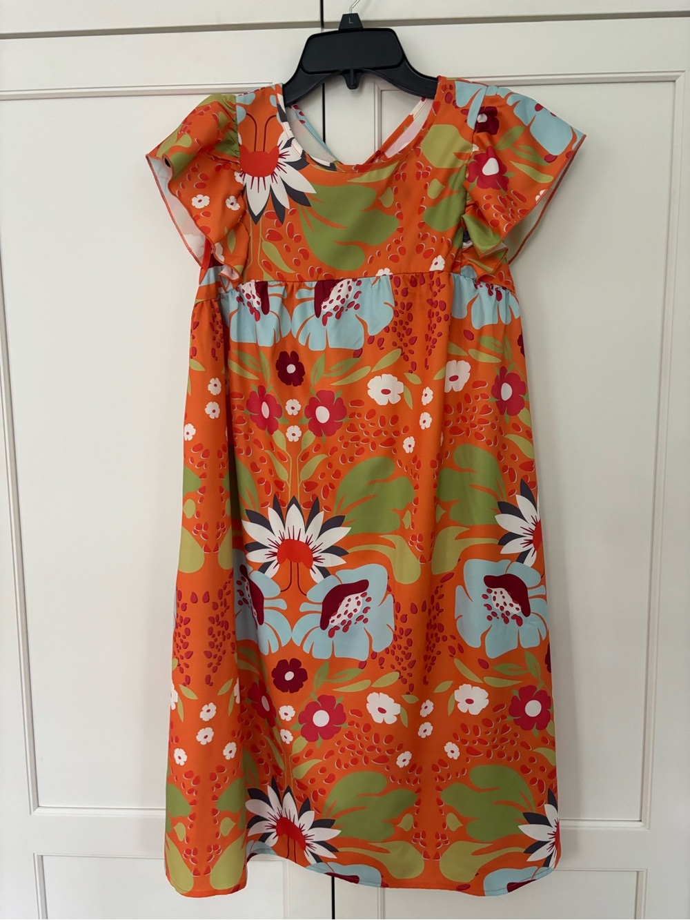 Girls' Orange Floral Flutter-Sleeve Dress